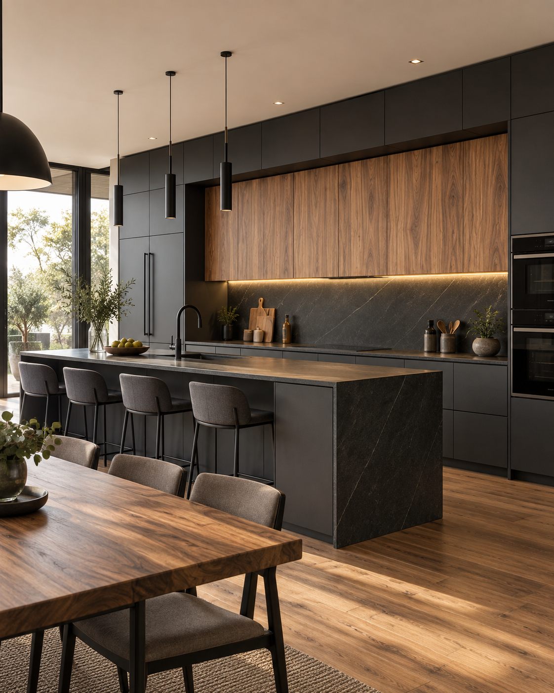 Cocina con isla en madera cálida, frentes grafito y comedor integrado