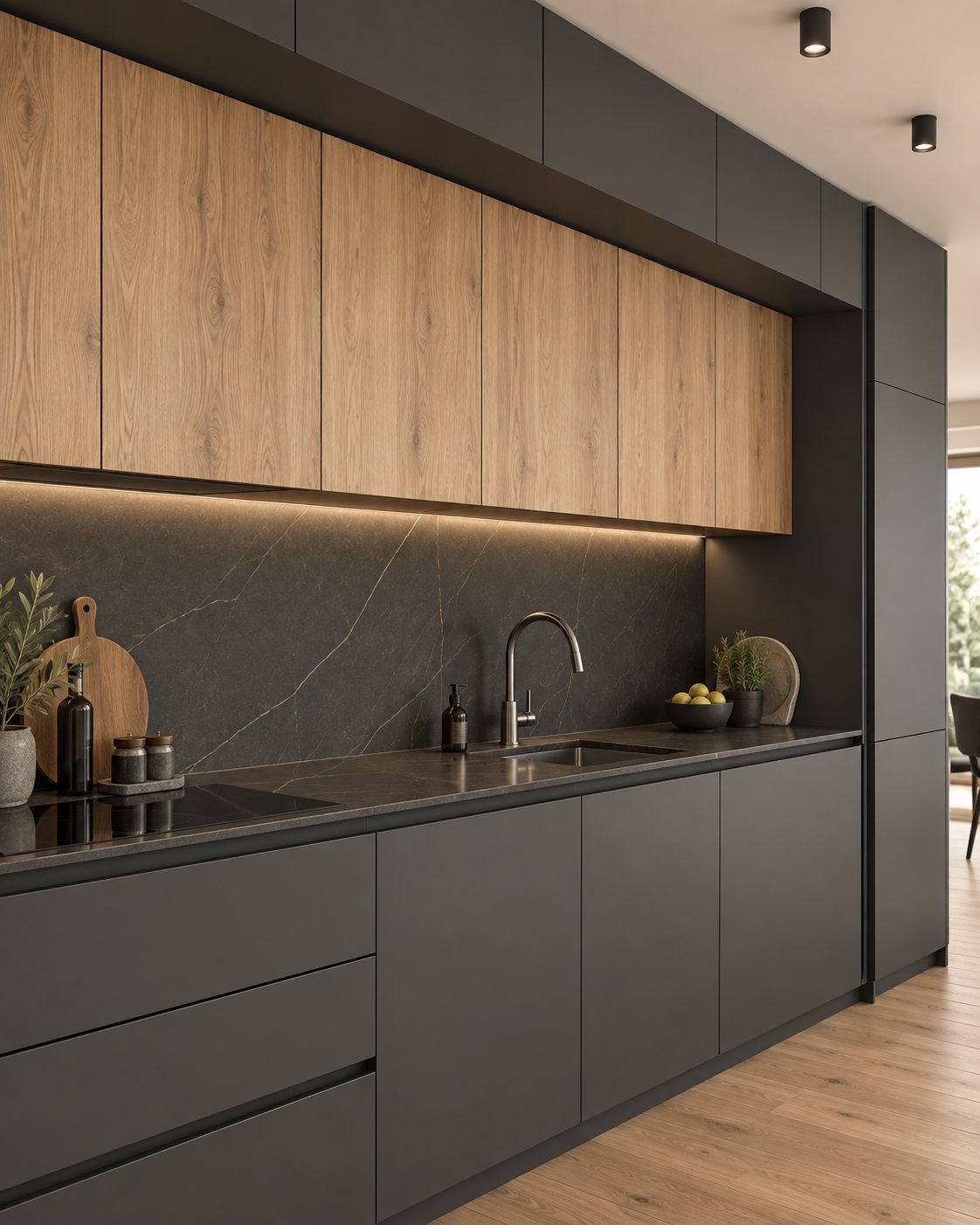 Cocina lineal con alacenas de roble y mesada de piedra oscura