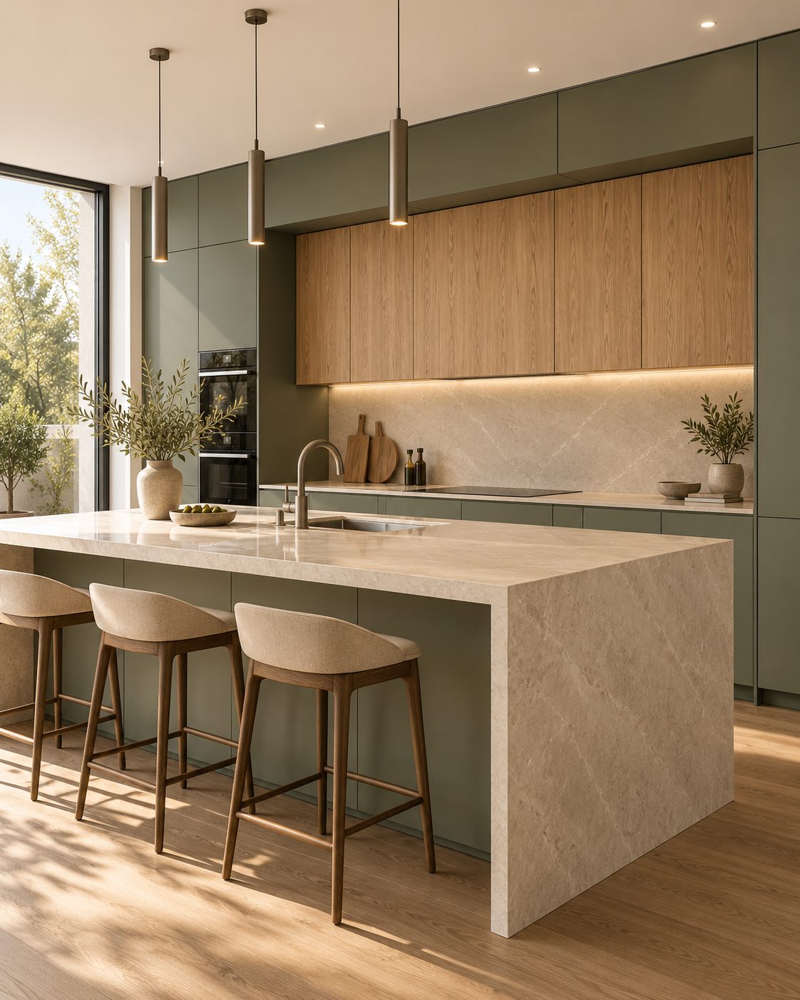 Cocina minimalista en tonos salvia y roble