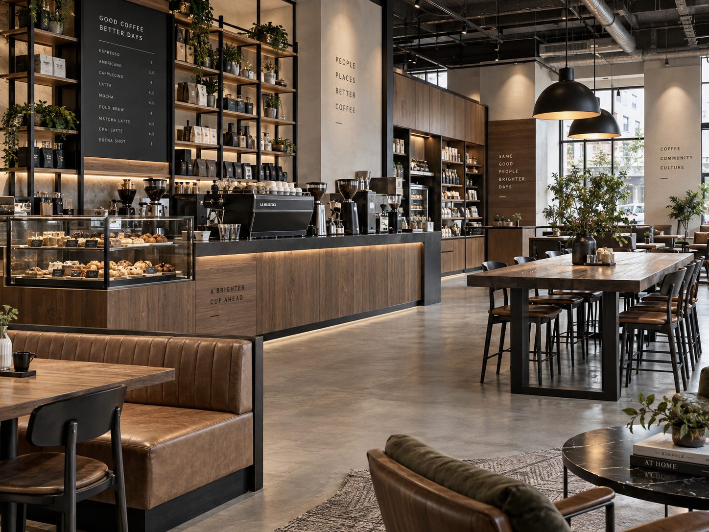 Cafetería con barra de madera, vitrina de pastelería, estanterías y mesas comunitarias