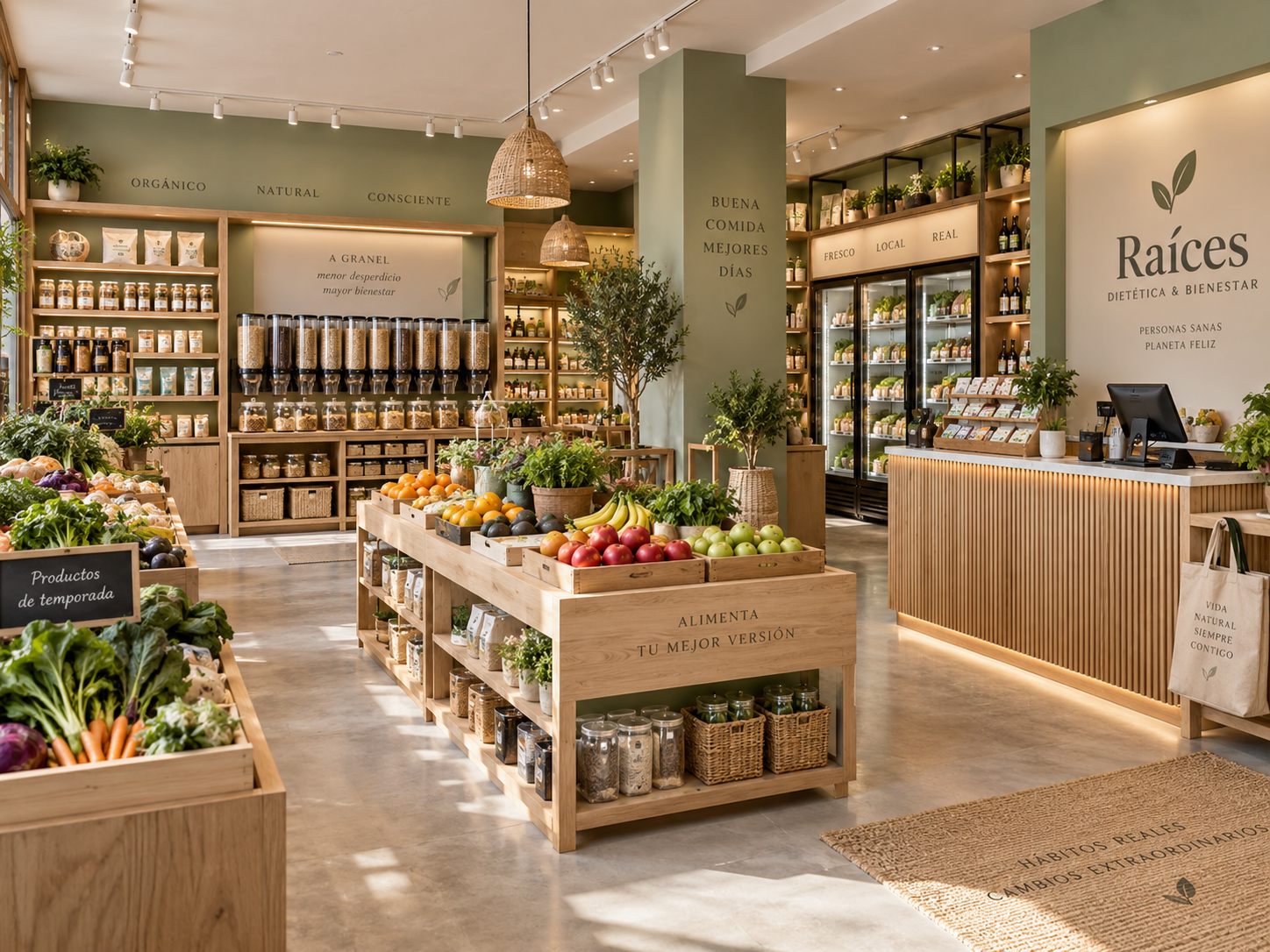 Dietética y verdulería con cajones de fruta, dispensers y heladeras exhibidoras