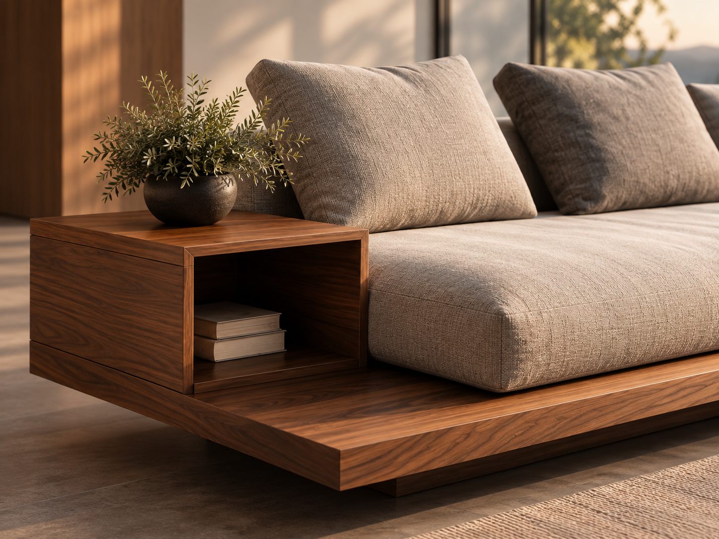Sofá modular Borven con mesa lateral de nogal y almohadones de lino
