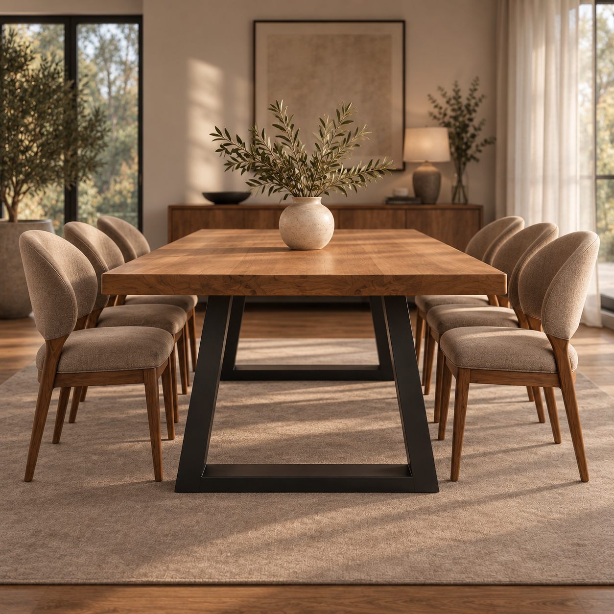 Mesa de comedor Forja con tapa de paraíso y base trapezoidal de hierro negro