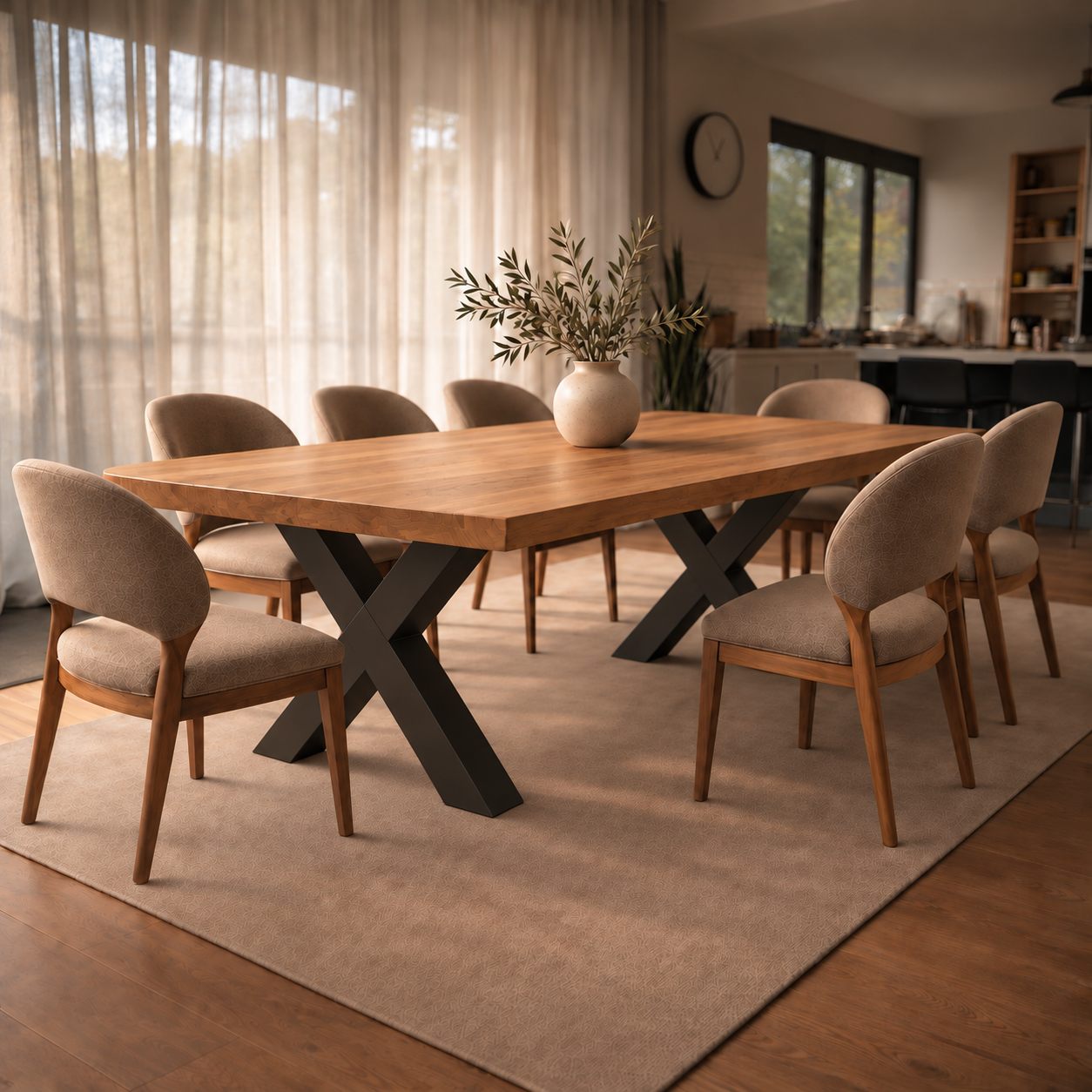 Mesa de comedor Modelo X con tapa de paraíso y bases X de hierro negro