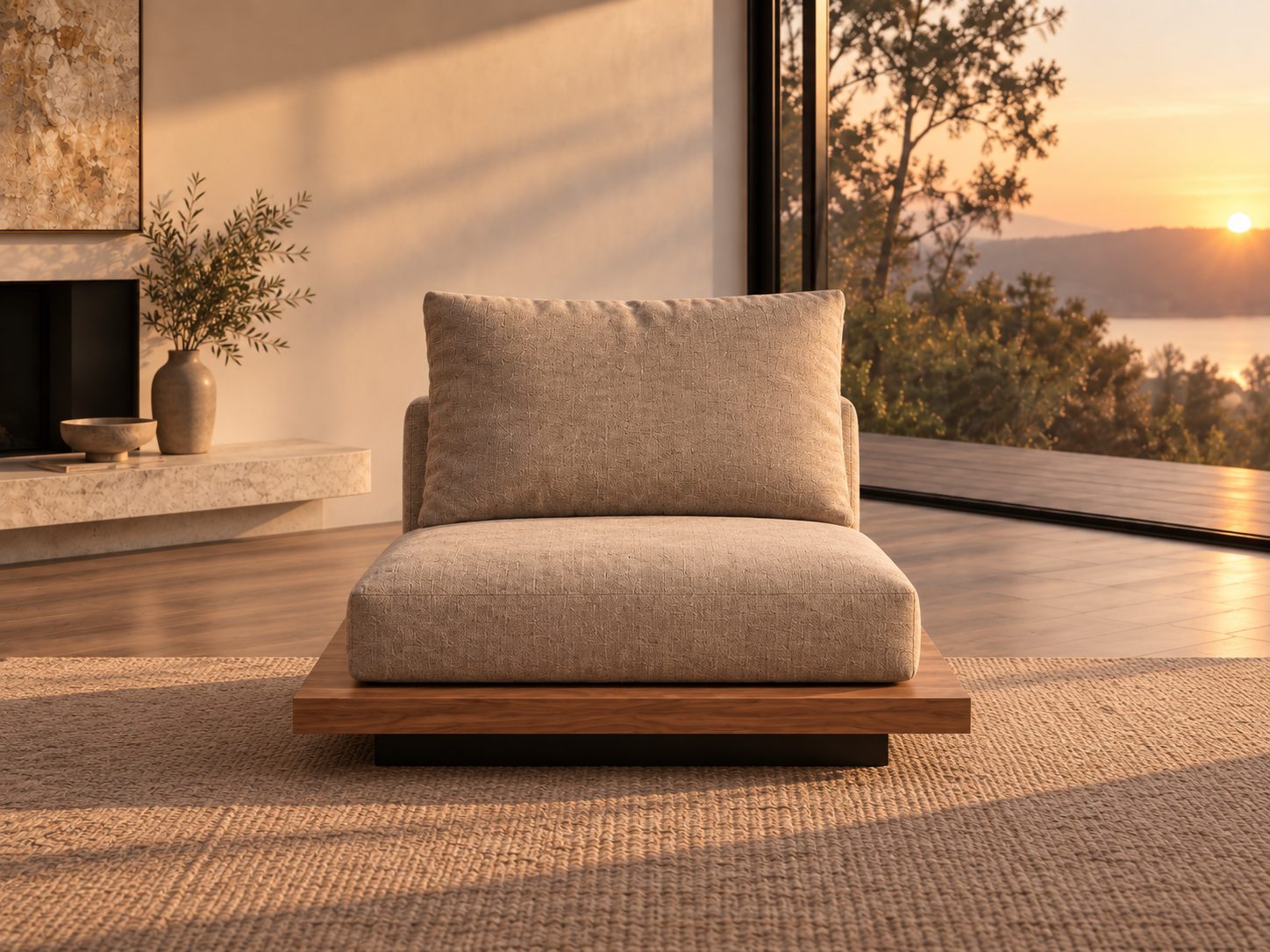 Sillón individual tapizado en lino con base de nogal