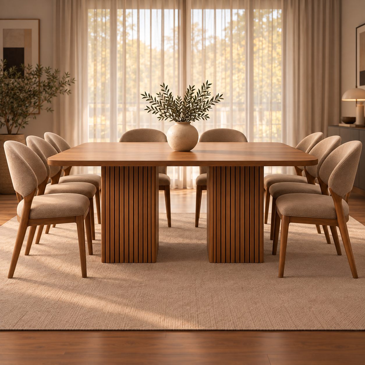 Mesa de comedor Terra con pedestales listonados, con luz dorada