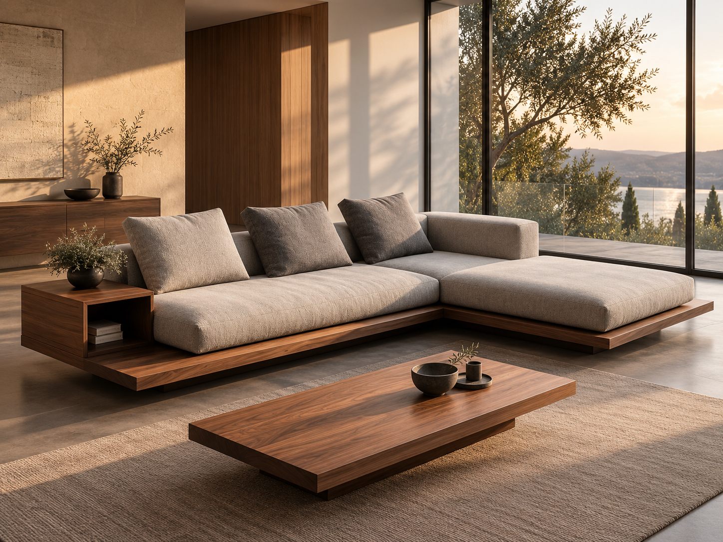 Sofá modular esquinero en lino con base de nogal, en un living con vista al lago