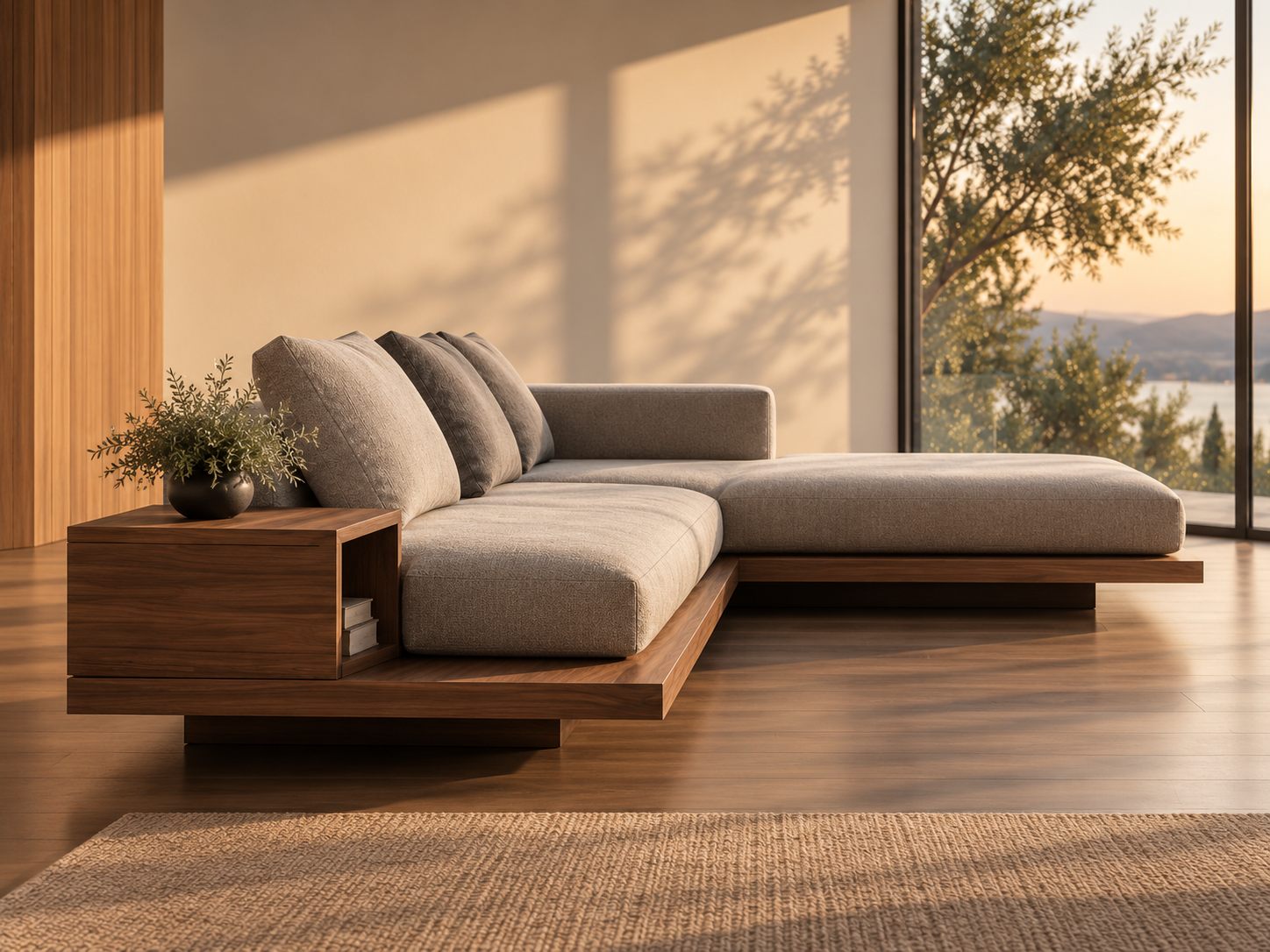 Sofá modular con chaise y mesa lateral integrada