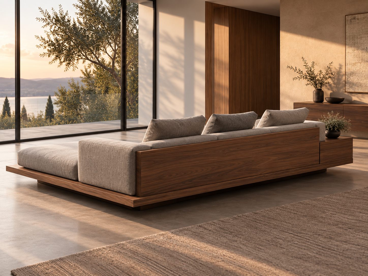 Sofá modular de nogal en un living con ventanales