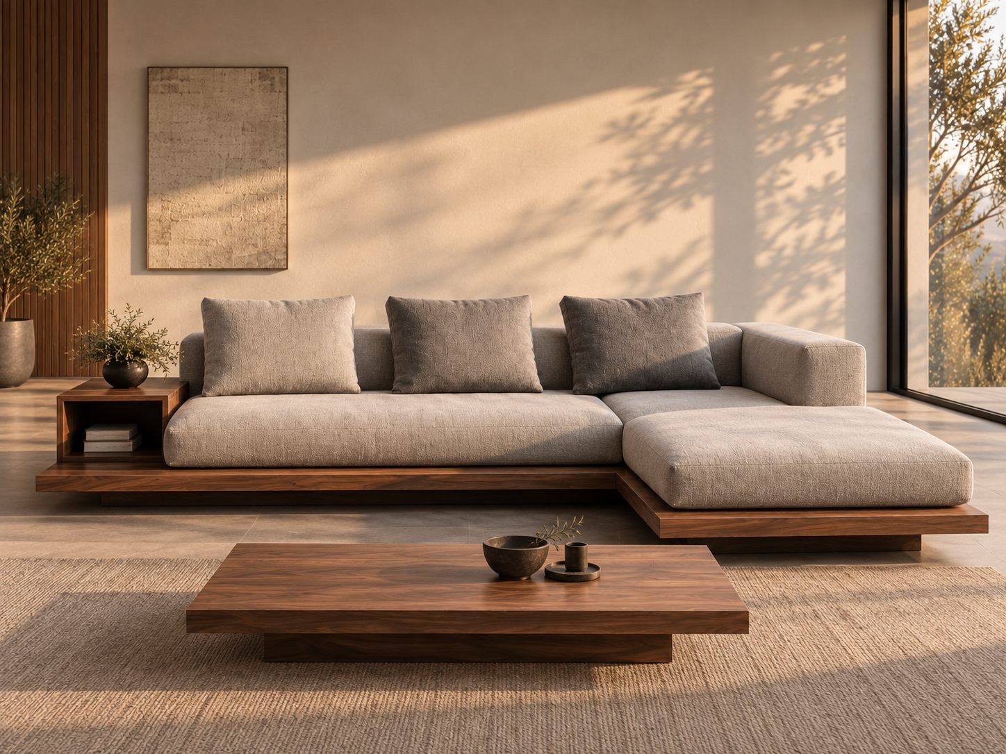 Sofá modular con luz dorada de atardecer