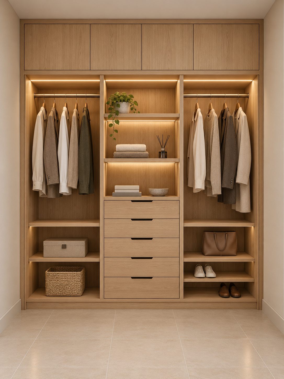Vestidor de roble con luz cálida